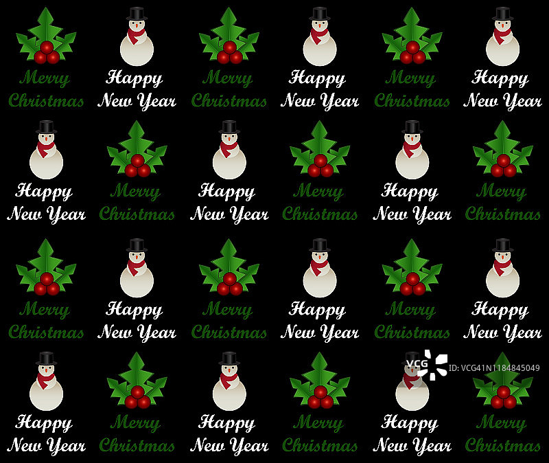 圣诞快乐新年图案与雪人在黑色背景上图片素材