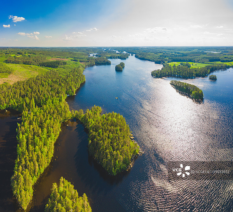 夏季芬兰湖区群岛的鸟瞰图图片素材