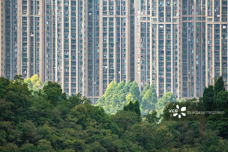 住宅摩天大楼映衬下的山林图片素材