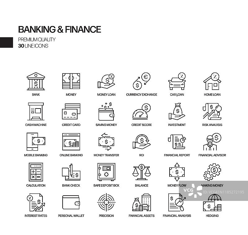 银行与金融相关矢量线性图标简约集图片素材