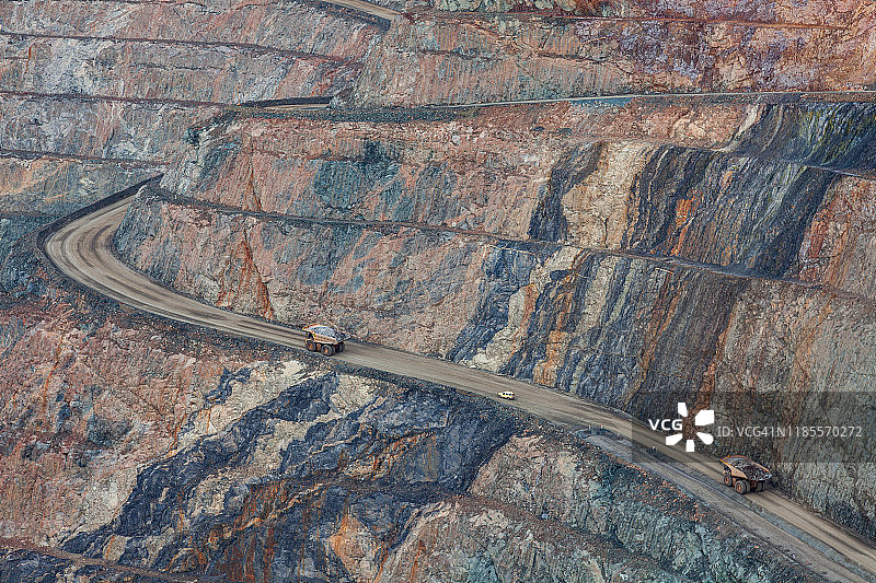 在西澳大利亚卡尔古利超级矿坑作业的矿用卡车图片素材