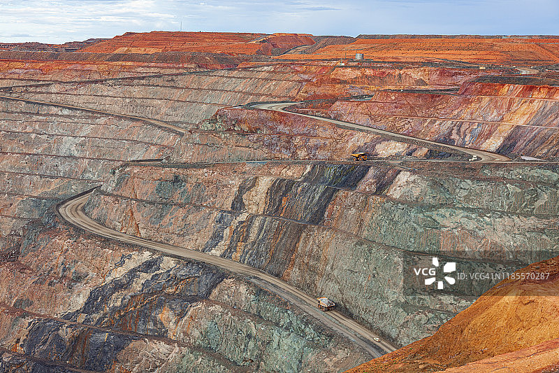 在西澳大利亚卡尔古利超级矿坑作业的矿用卡车图片素材