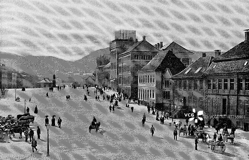 挪威卑尔根的托加尔门宁根广场 - 19世纪图片素材