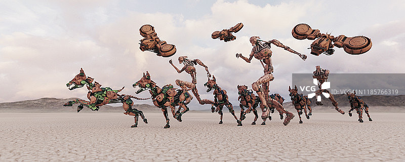 机器人战争：士兵、坦克、机器狗和无人机在沙漠中发起攻击图片素材
