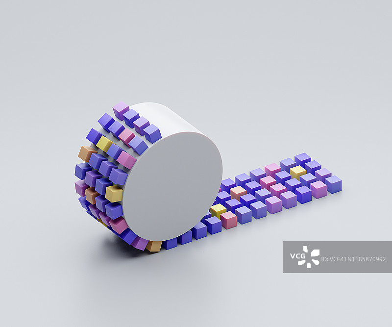 附着在圆柱体上的彩色立方体图片素材