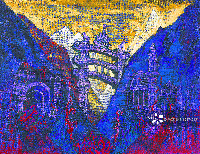 时尚的插图现代的艺术作品我的油画在画布上寓言童话装饰水平风景象征古印度历史建筑纪念碑和佛教桑吉大塔 在明亮天空的映衬下，山脉图片素材
