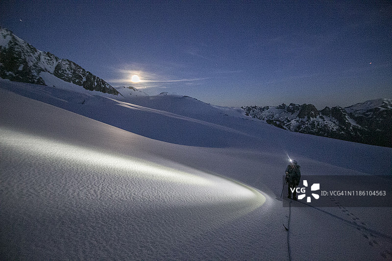 登山者在黎明前使用头灯在冰川地形中导航图片素材
