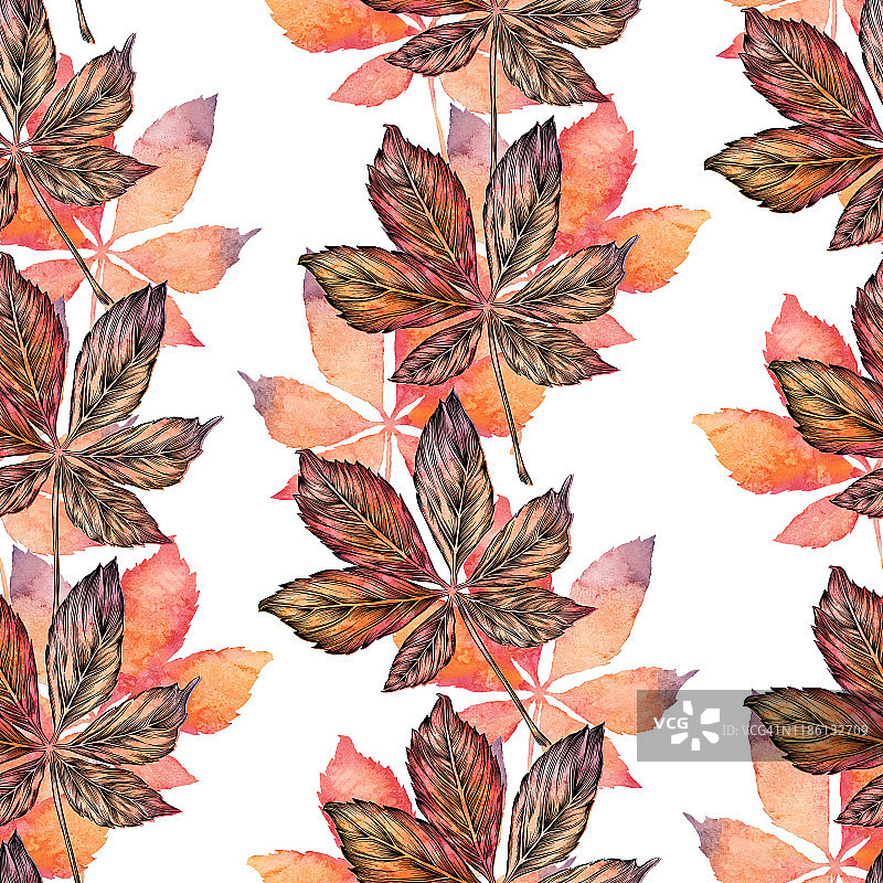 栗树叶矢量水墨无缝图案图片素材