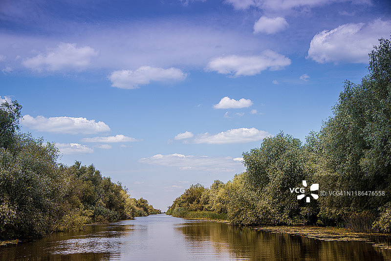 宁静田园的河流，多瑙河三角洲，罗马尼亚，欧洲图片素材