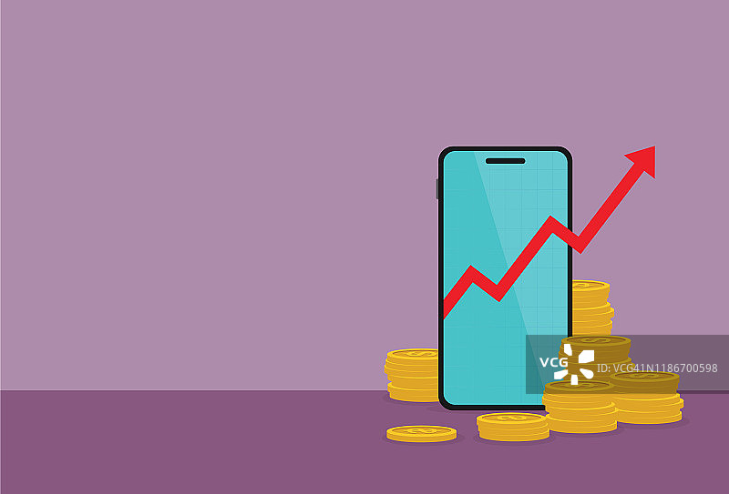 手机中的股市图和一堆硬币图片素材