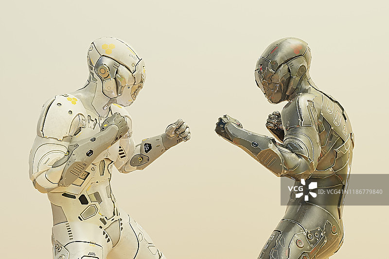 身穿科幻紧身衣的男人彼此对立，举起拳头图片素材