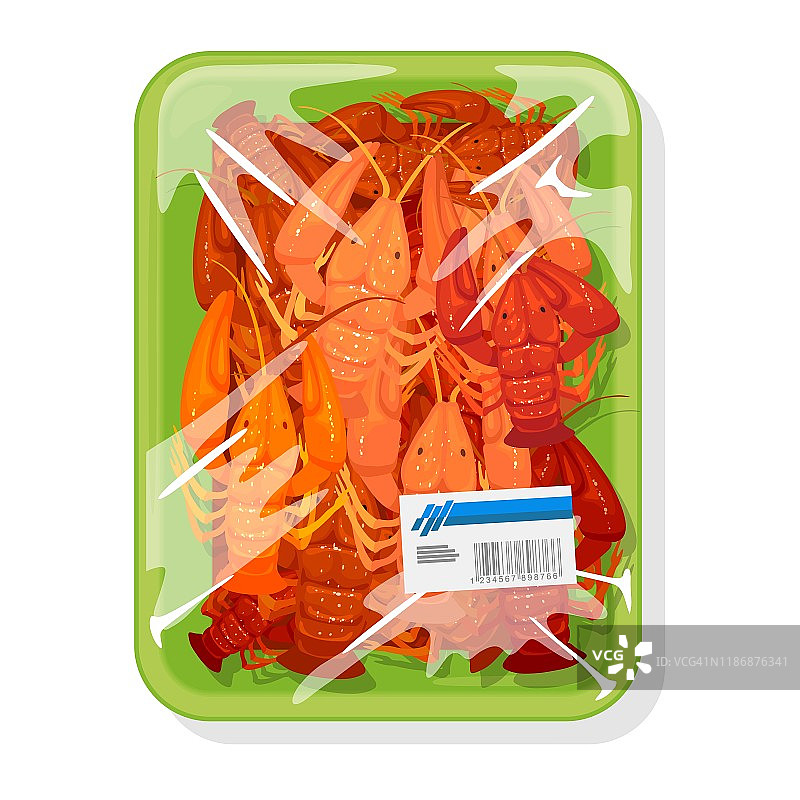用保鲜膜覆盖在绿色塑料托盘上的冷冻煮熟的红螯虾图片素材