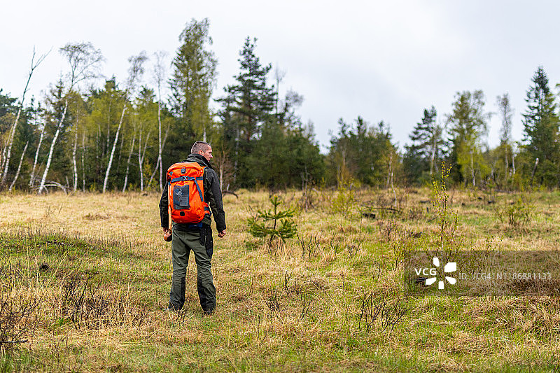 男人在森林里徒步图片素材