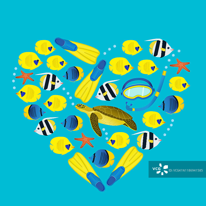 蓝色背景上的水下图案，珊瑚礁彩色鱼和潜水设备，心形构图图片素材