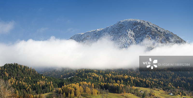 奥地利阿尔卑斯山的初雪和秋色图片素材