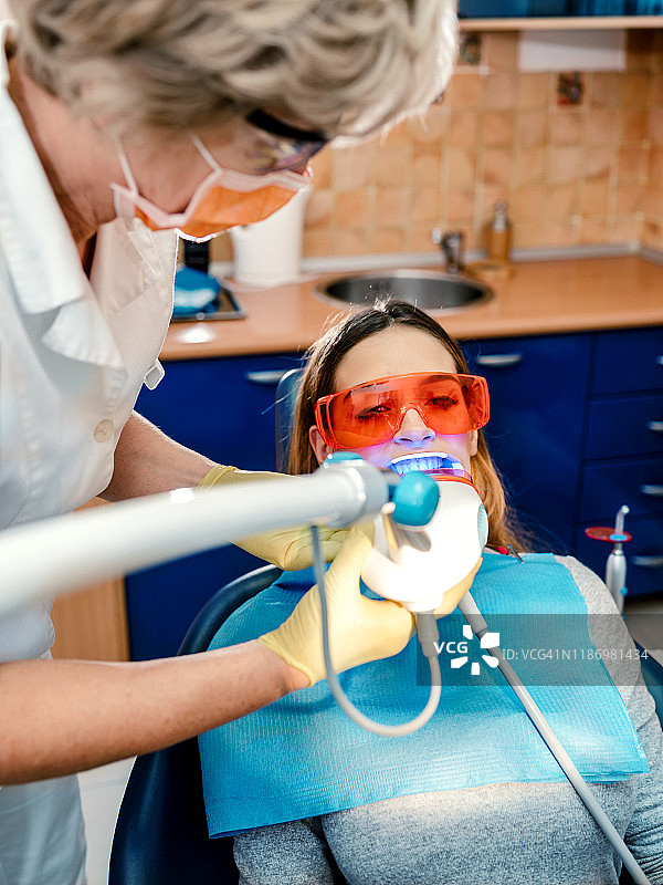 年轻女子在牙科诊所接受紫外线治疗图片素材