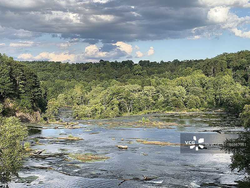 原始自然风光：夏季埃索帕斯溪流冲击着绿树环绕的岩石图片素材