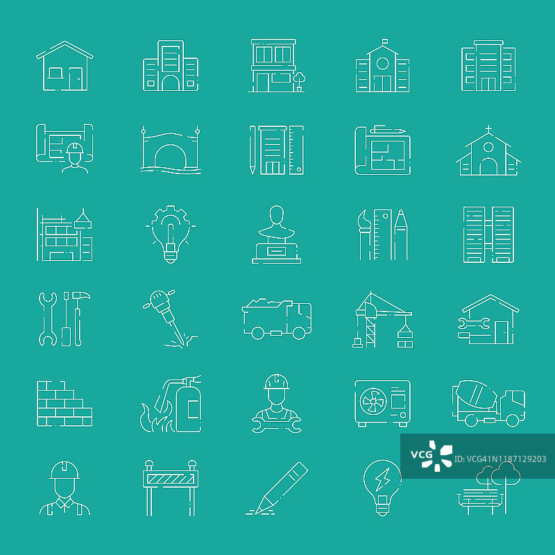 建筑相关矢量细线图标简约合集：轮廓符号合集图片素材