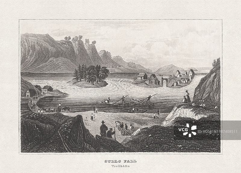 瑞典古罗瀑布（特罗尔海坦瀑布），1857年钢铁雕刻图片素材