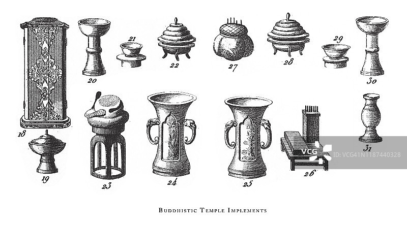 远东佛教寺庙用具、宗教场景和人物古董插画，出版于1851年图片素材