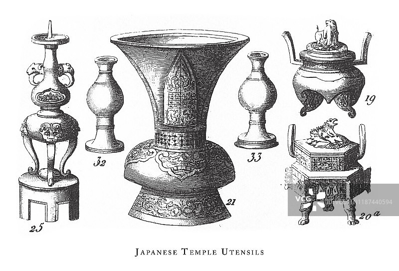 1851年出版的日本寺庙器具雕刻古董插图，描绘了远东地区的仪式、宗教人物和器物图片素材