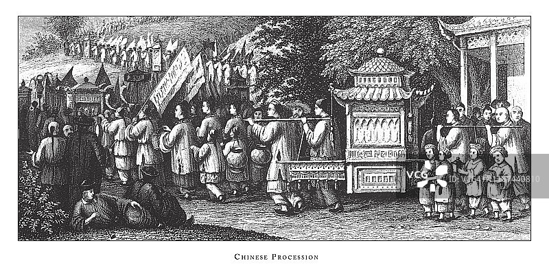 中国、日本和印度尼西亚的宗教场景、符号和人物古董版画，出版于1851年图片素材