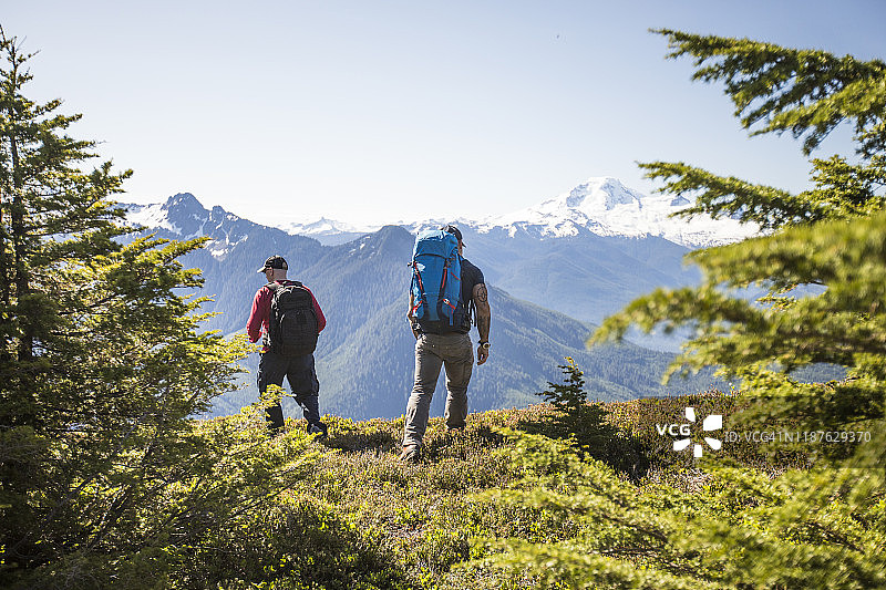 在华盛顿秃山上徒步旅行的两个背包客图片素材