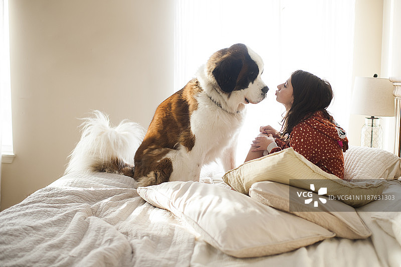 年轻女孩坐在床上，抱着一只大狗，准备亲吻它的鼻子图片素材