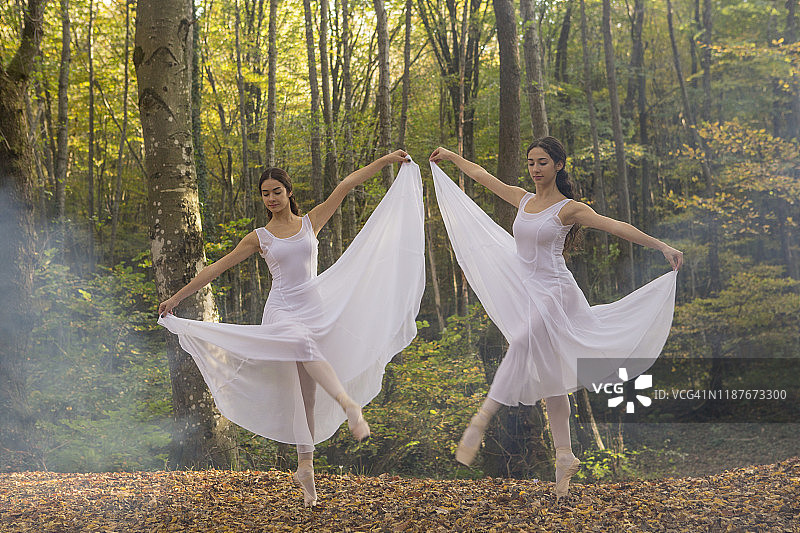 在土耳其泰基尔达户外公园跳舞的芭蕾舞姐妹图片素材