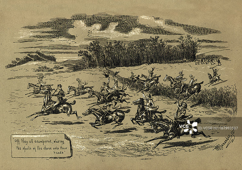 19世纪维多利亚时期，亨特骑马穿越田野图片素材