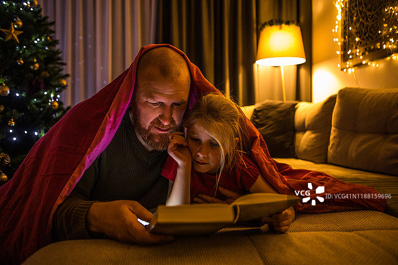 圣诞节期间父女在家阅读书籍图片素材