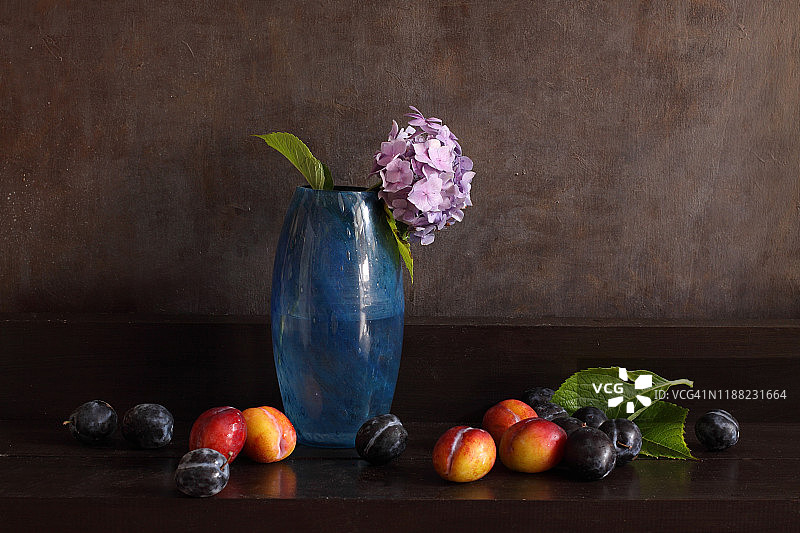 成熟的李子和蓝色玻璃花瓶图片素材