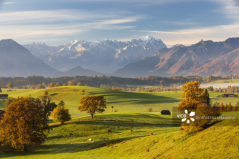 巴伐利亚的秋天：背景是楚格峰的慕尔瑙沼泽图片素材