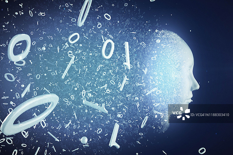 二进制代码转换的AI机器人面部图片素材