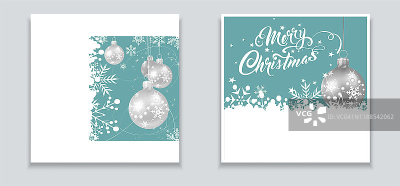圣诞贺卡设计：圣诞球节日和新年装饰，灰色、银色、白色、绿色，矢量图图片素材