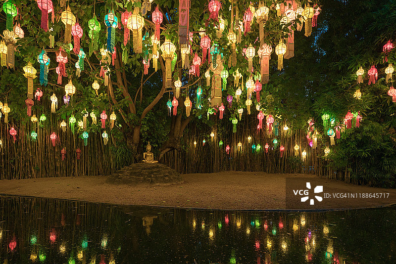 清迈水灯节期间Wat Phan Tao寺庙的彩色灯笼和金色佛像图片素材