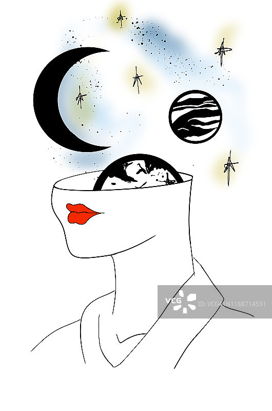 女性头脑中的太空和行星概念图片素材