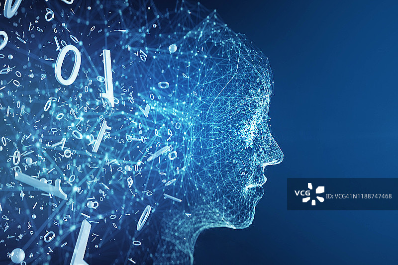 二进制代码转换的AI机器人面部图片素材