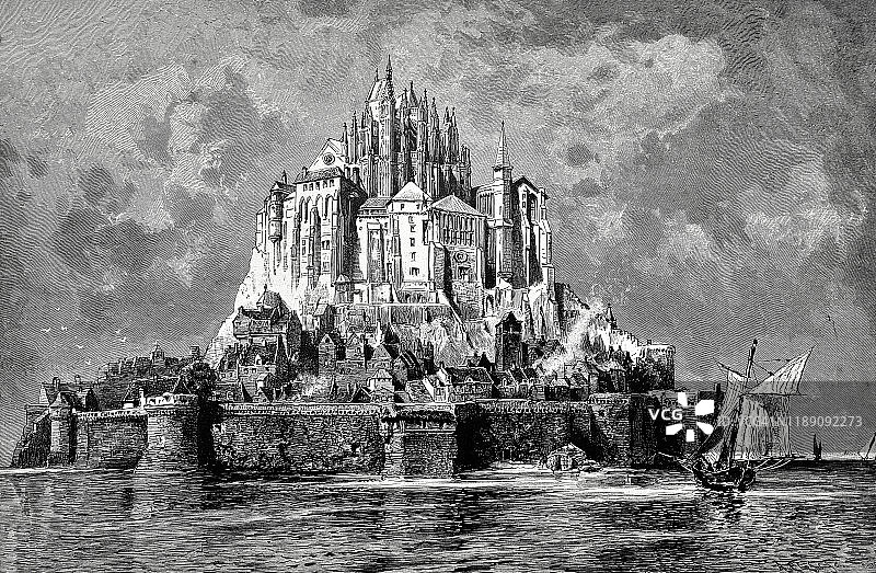 法国诺曼底圣米歇尔山古董黑白插画图片素材