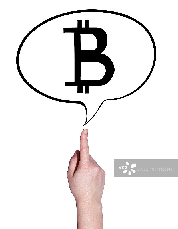 手指指向带有比特币的对话气泡图片素材