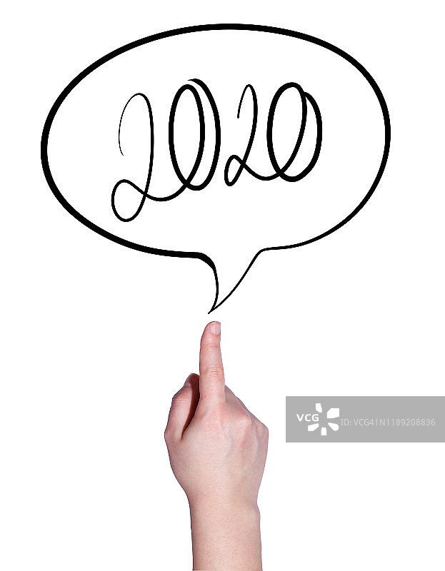 手指着带有2020年的语音气泡图片素材