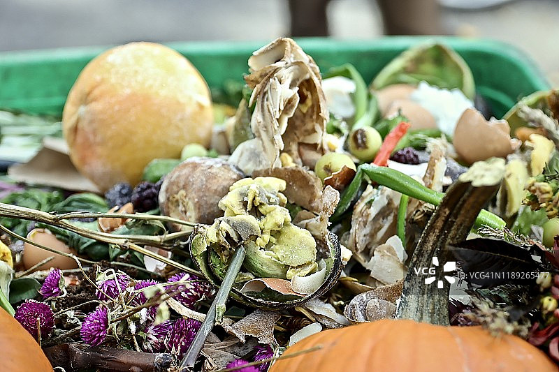 装满食物残渣的公共堆肥箱图片素材