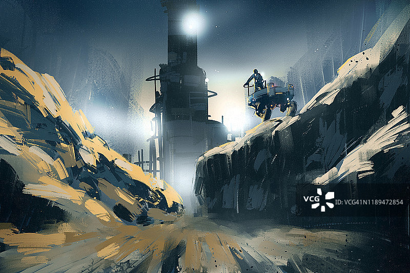 宇航员与机器人眺望高塔抽象数字艺术绘画图片素材