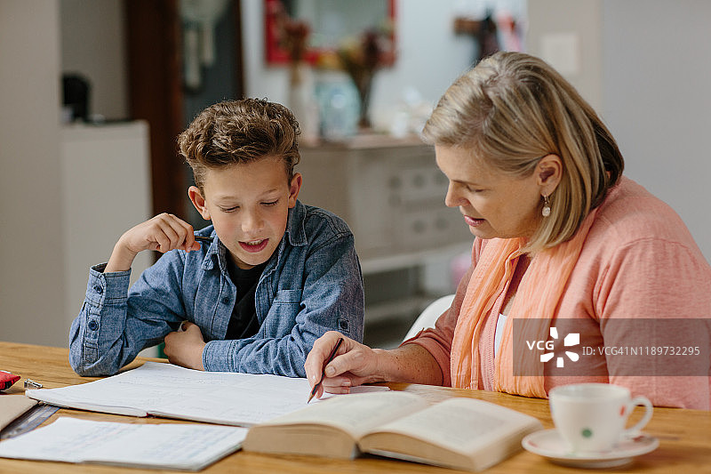 年轻男孩和他的祖母在家做作业图片素材