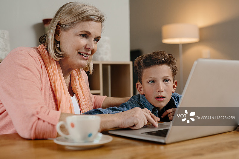 奶奶和年幼的孙子一起使用笔记本电脑图片素材