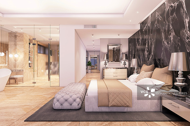 带玻璃墙浴室的豪华开放式卧室内部图片素材