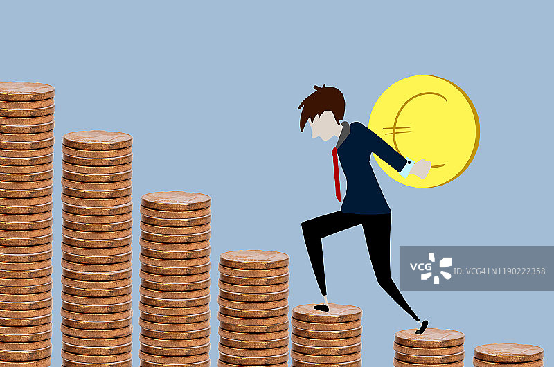 男人走在用欧元硬币铺成的台阶上图片素材