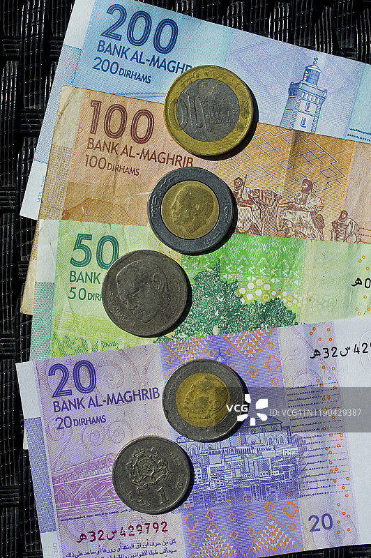 摩洛哥迪拉姆纸币和硬币图片素材