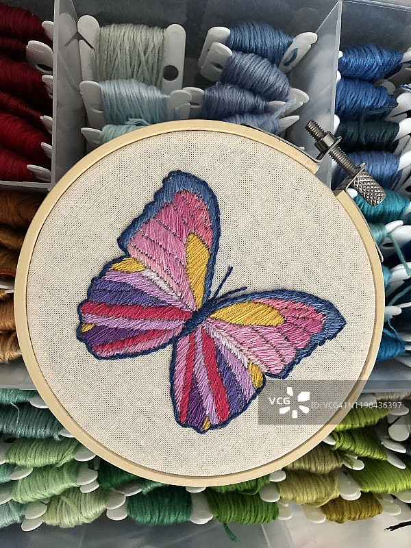 画框上的刺绣粉色蝴蝶图片素材