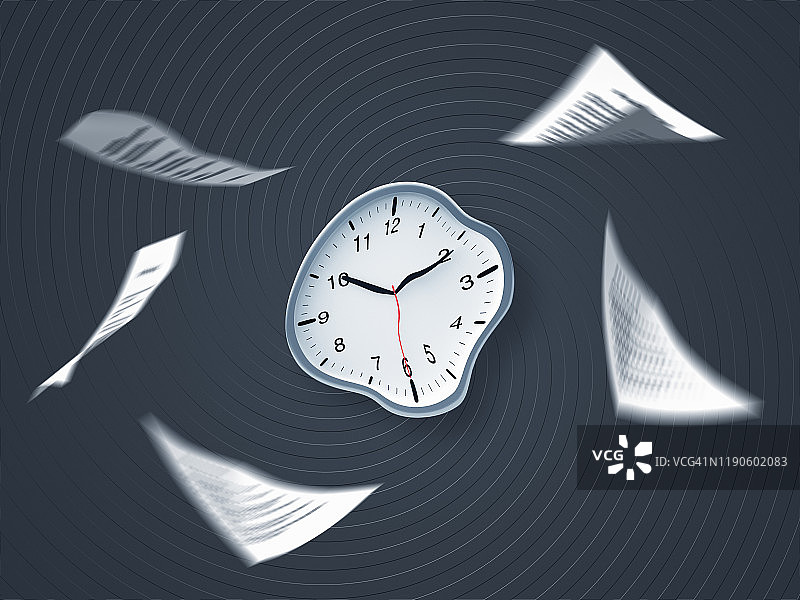 墙上扭曲的钟，文件被吹走图片素材